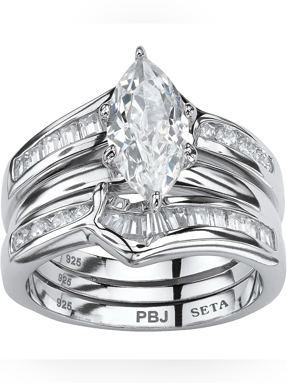 Marquise-Cut Cubic Zirconia 3-Piece Silver Ring Set - White